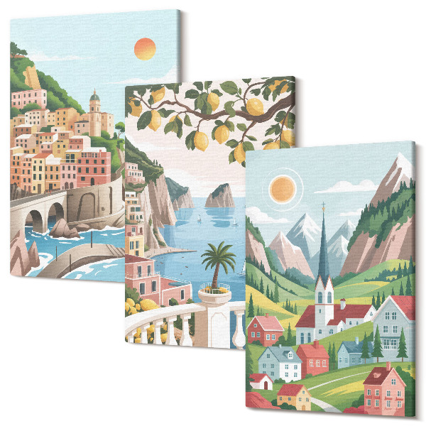 Sada obrazů na zeď triptych Malebná krajina s mořem a citrusovými plody