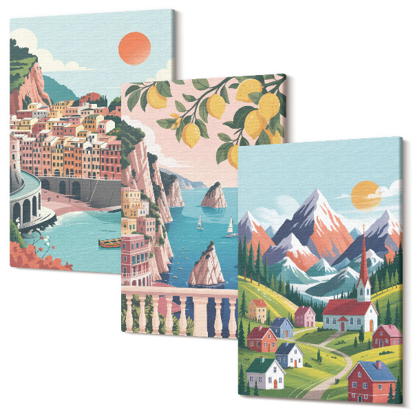 Sada obrazů triptych Barevné horské krajiny a přímořská města