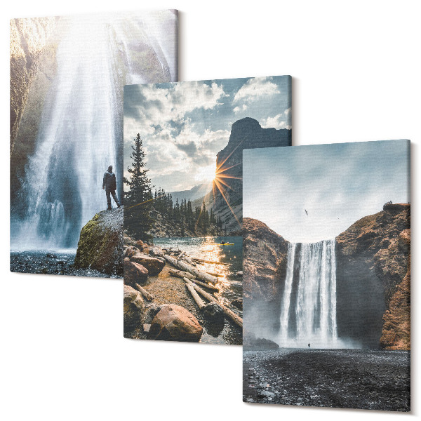 Sada obrazů na zeď triptych Vodopády v horách s krásnou přírodní krajinou
