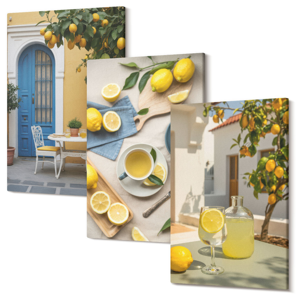 Sada obrazů na zeď triptych Citronová limonáda modré dveře letní výhled