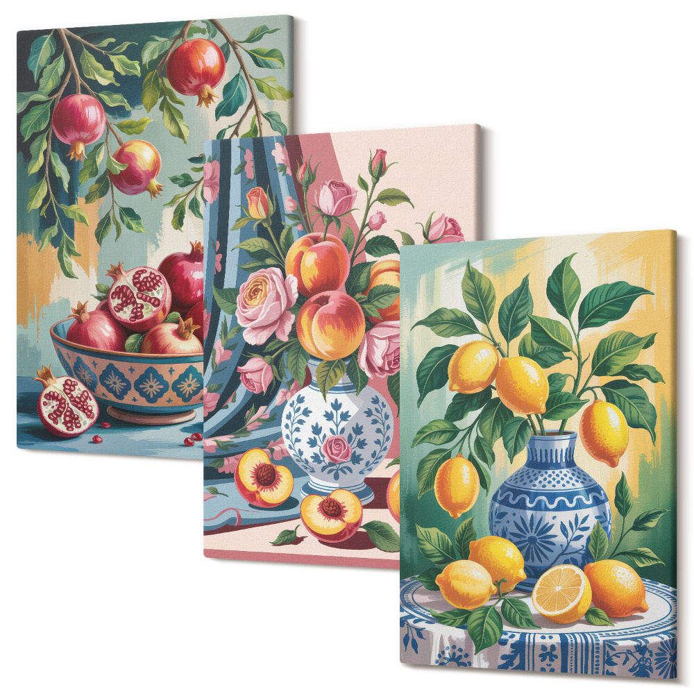 Sada 3 obrazů Malované květiny a ovoce ve vázách