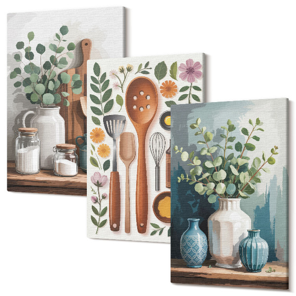 Sada obrazů triptych Kuchyňské doplňky s rostlinami v moderním stylu