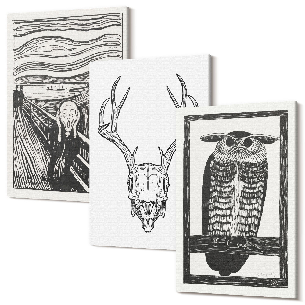 Sada obrazů na zeď triptych Inspirováno obrázkem Scream s lebkou a sovou v grafickém stylu