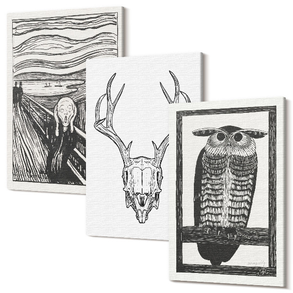 Sada obrazů na zeď triptych Inspirováno obrázkem Scream s lebkou a sovou v grafickém stylu
