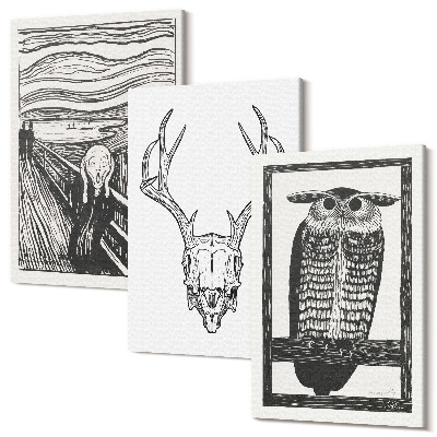 Sada obrazů na zeď triptych Inspirováno obrázkem Scream s lebkou a sovou v grafickém stylu