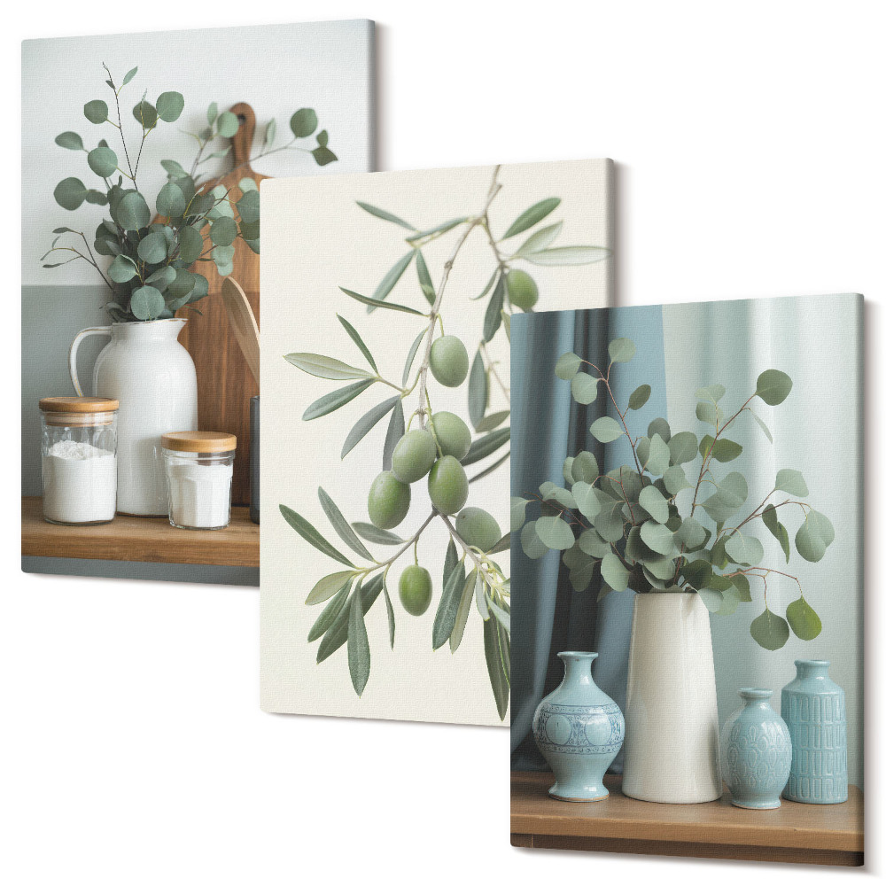 Sada 3 obrazů Estetické zelené olivy a větve eukalyptu