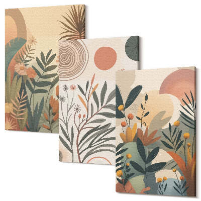 Sada 3 obrazů Rostlinné motivy v tlumených barvách s kruhy
