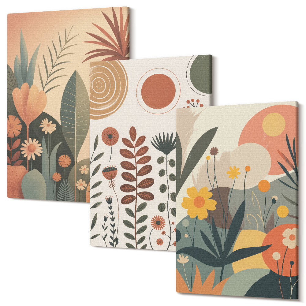 Sada obrazů na zeď triptych Boho rostlinné vzory v teplých odstínech s přirozeným dojmem