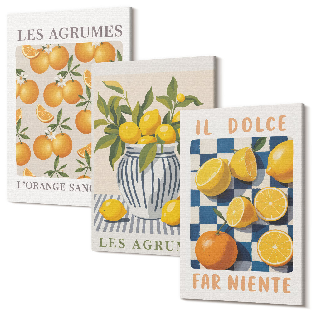 Sada obrazů na zeď triptych Retro citrusové plody se žlutými akcenty