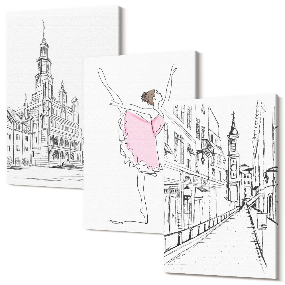 Sada obrazů triptych Stylové obrazy tančících baletek a architektury