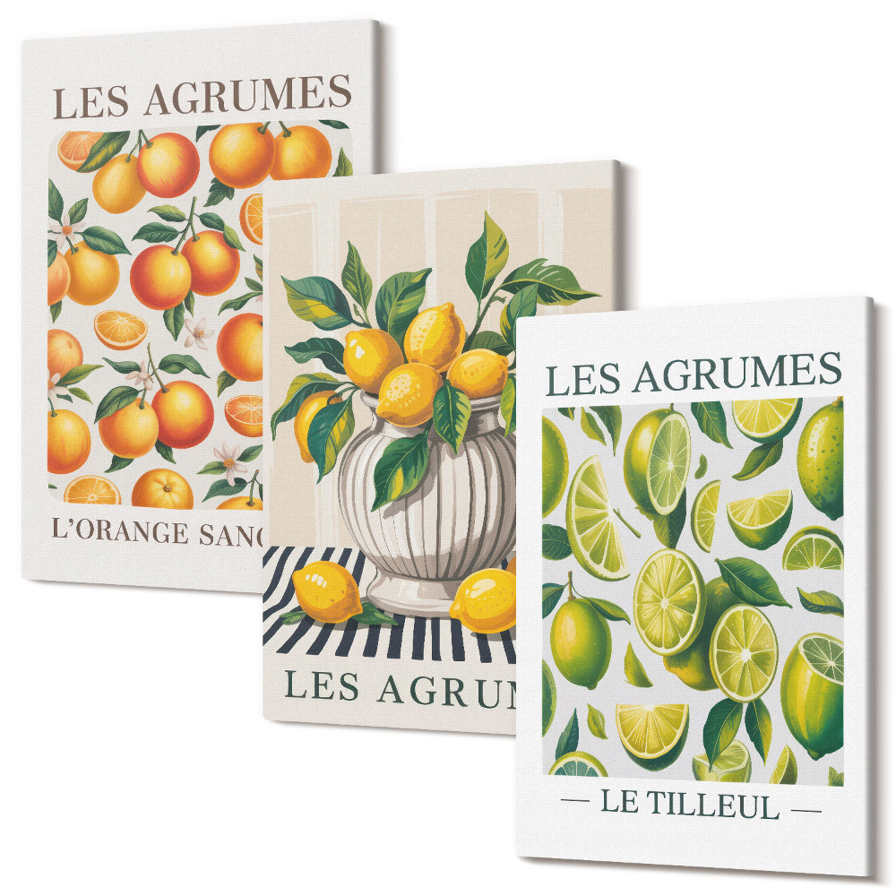 Sada obrazů na zeď triptych Citrusové plody v různých barevných a svěžích verzích