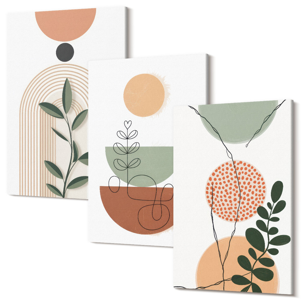 Sada obrazů na zeď triptych Abstraktní tvary s barevnými rostlinnými motivy