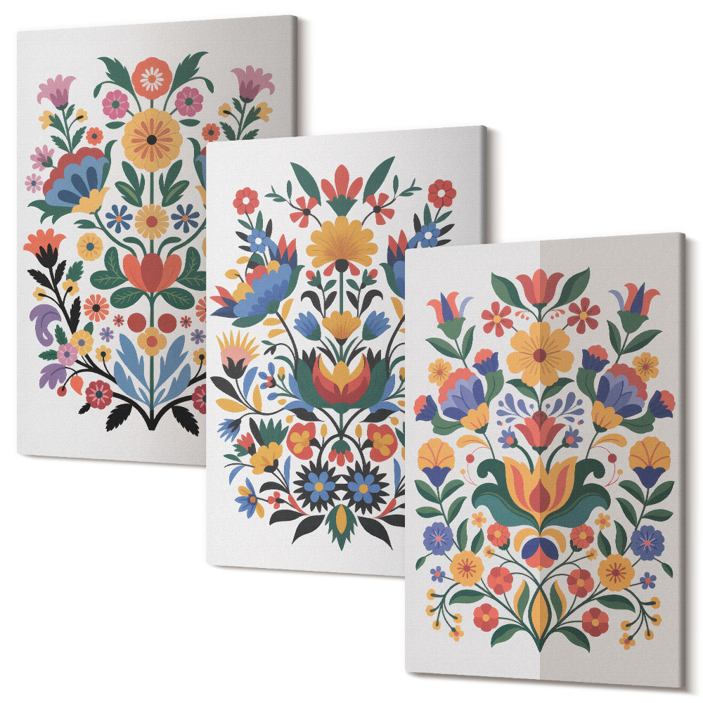 Sada obrazů triptych Květinové vzory v intenzivních barvách na bílém pozadí