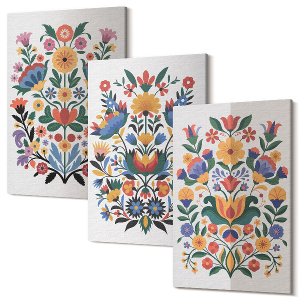 Sada obrazů triptych Květinové vzory v intenzivních barvách na bílém pozadí