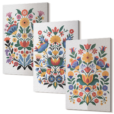 Sada obrazů triptych Květinové vzory v intenzivních barvách na bílém pozadí