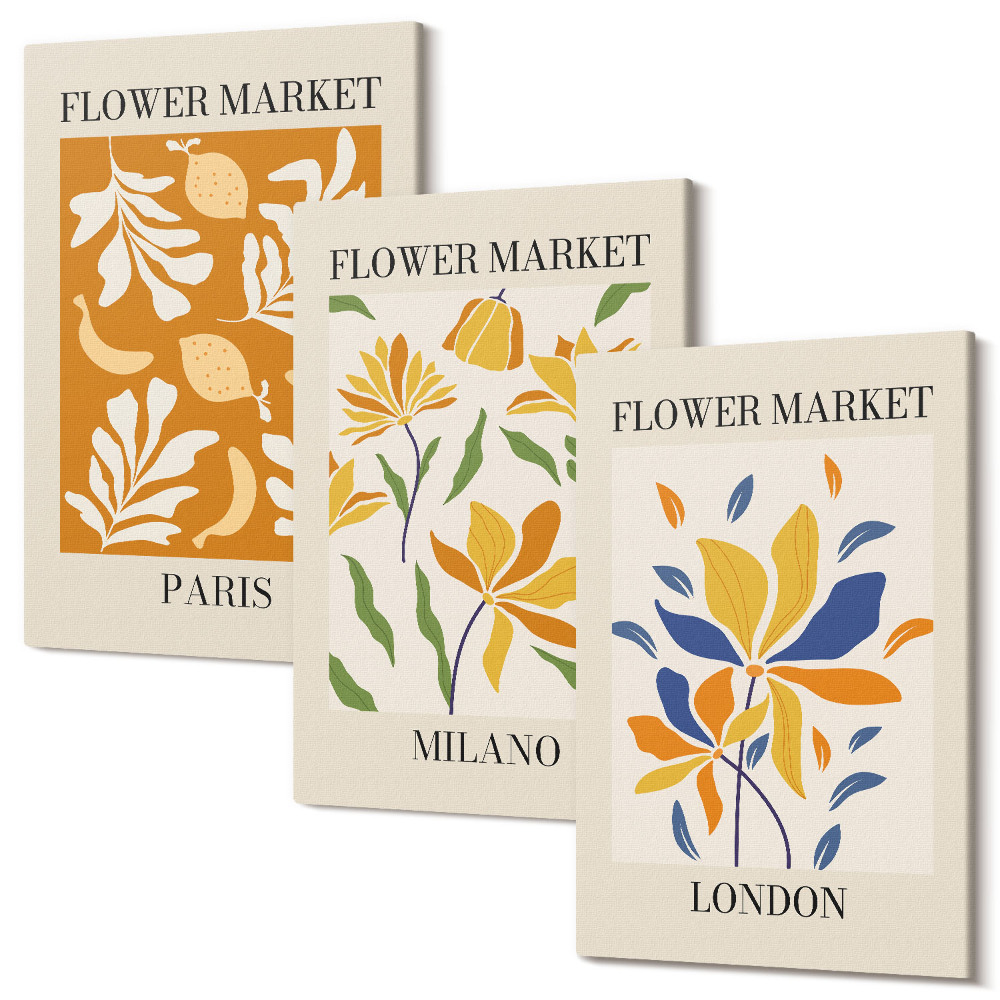 Sada 3 obrazů Květinové plakáty Paříž Milán Londýn