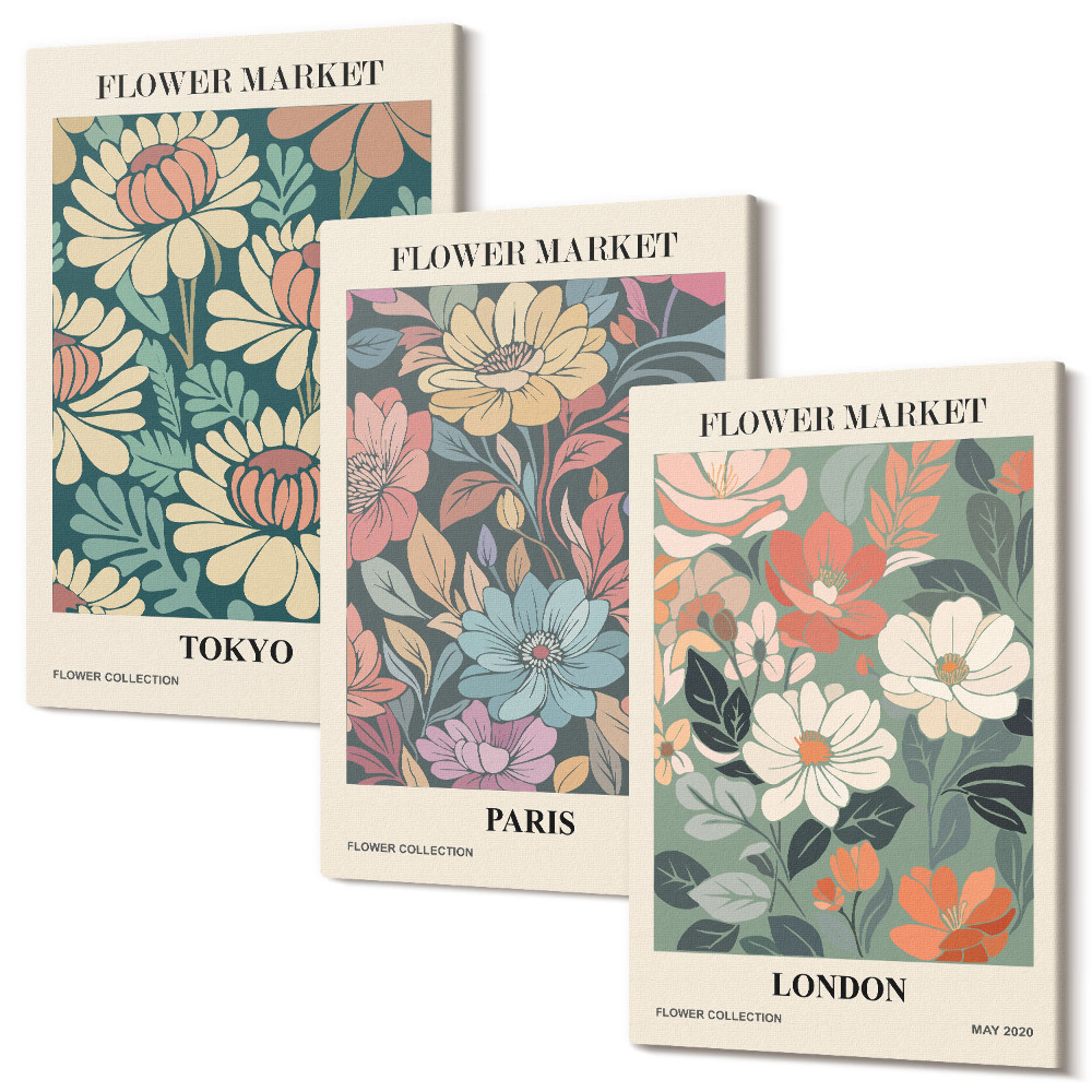 Sada obrazů triptych Květinové plakáty Tokio Paříž Londýn