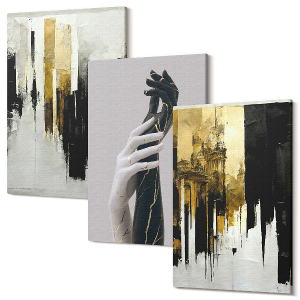 Sada obrazů na zeď triptych Abstraktní obrazové vzory a dvě ruce
