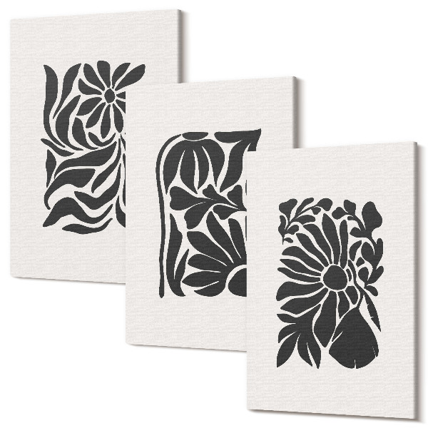 Sada obrazů triptych Abstraktní rostlinné vzory v odstínech černé