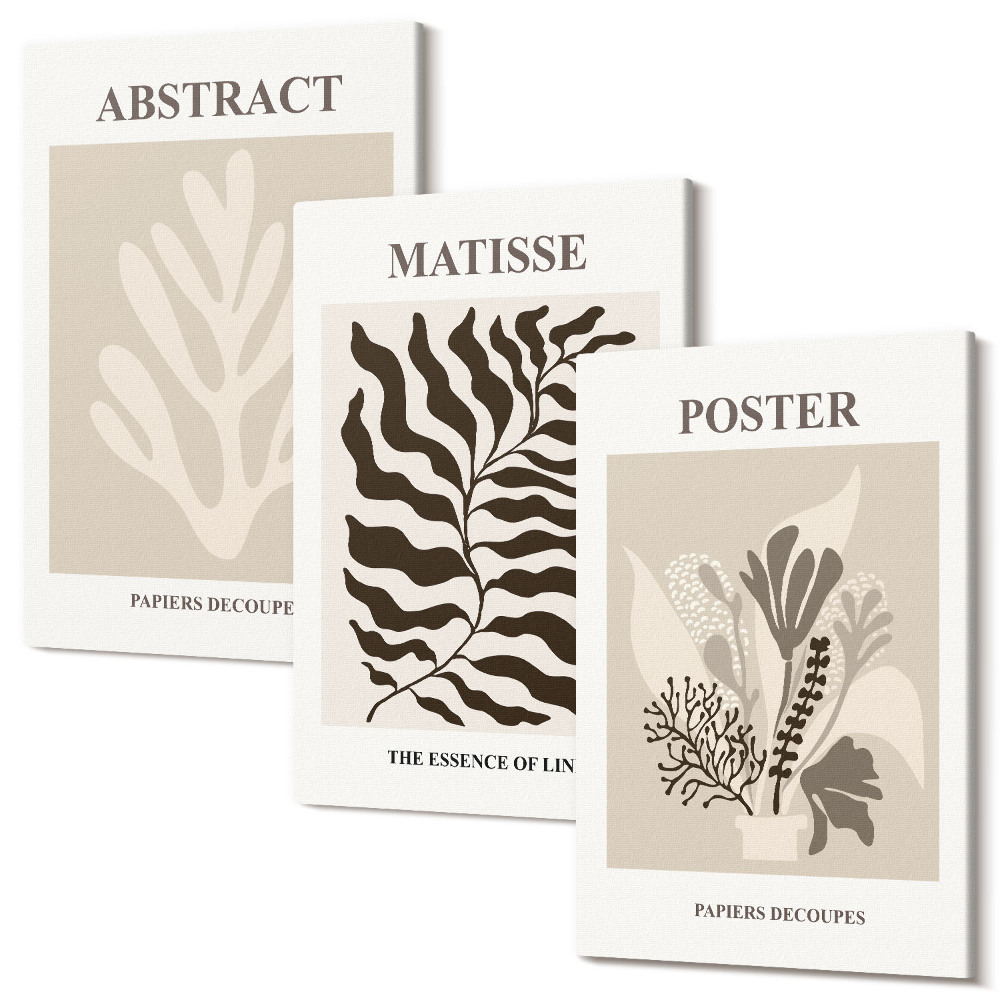 Sada obrazů na zeď triptych Rostlinné vzory v odstínech béžové a hnědé