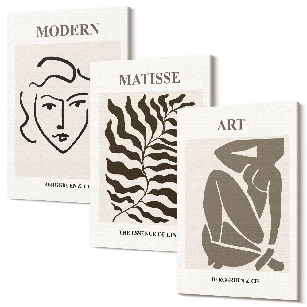 Sada obrazů na zeď triptych Stylová grafika s liniemi a postavami v neutrálních barvách