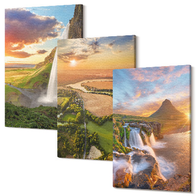 Sada 3 obrazů Vodopády, horské krajiny a řeky při západu slunce