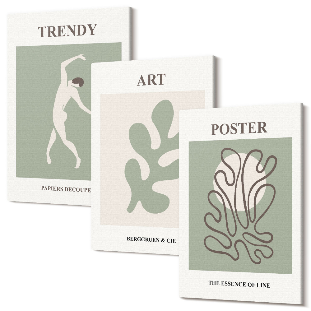 Sada obrazů triptych Abstraktní postavy a rostlinné motivy v tlumených barvách