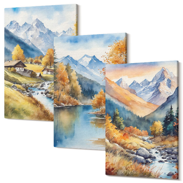 Sada obrazů triptych Malované podzimní hory s řekou a chatami
