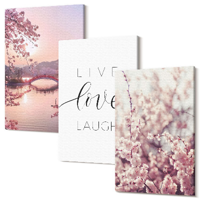 Sada obrazů na zeď triptych Květinové motivy s mostem a nápisem