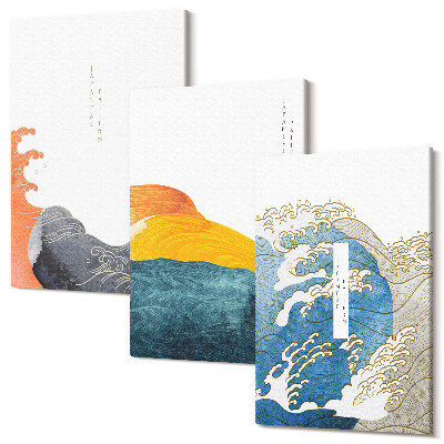 Sada obrazů na zeď triptych Vlny v japonském grafickém stylu