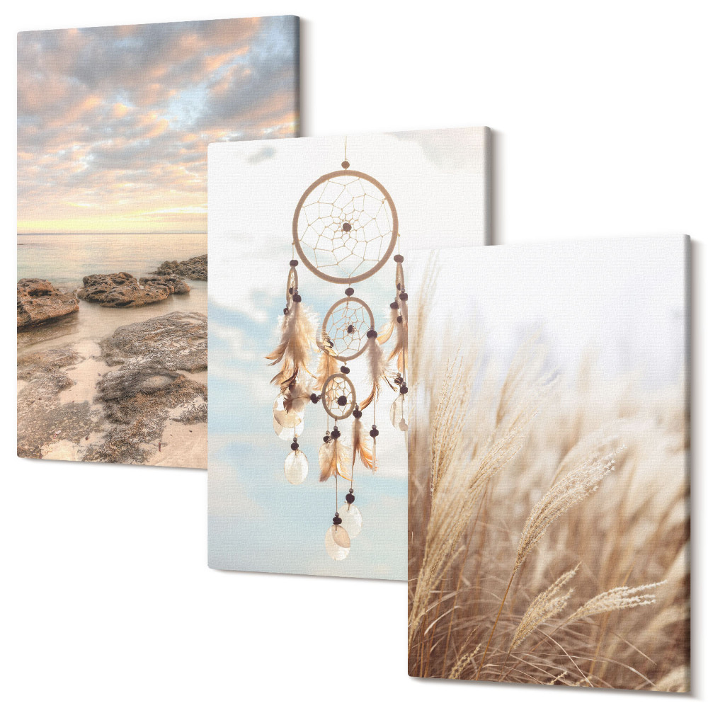 Sada obrazů triptych Výhled na moře s mraky, lapač snů a trávou