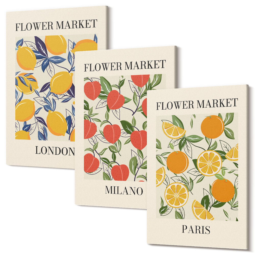 Sada 3 obrazů Květinové plakáty v Londýně, Miláně a Paříži