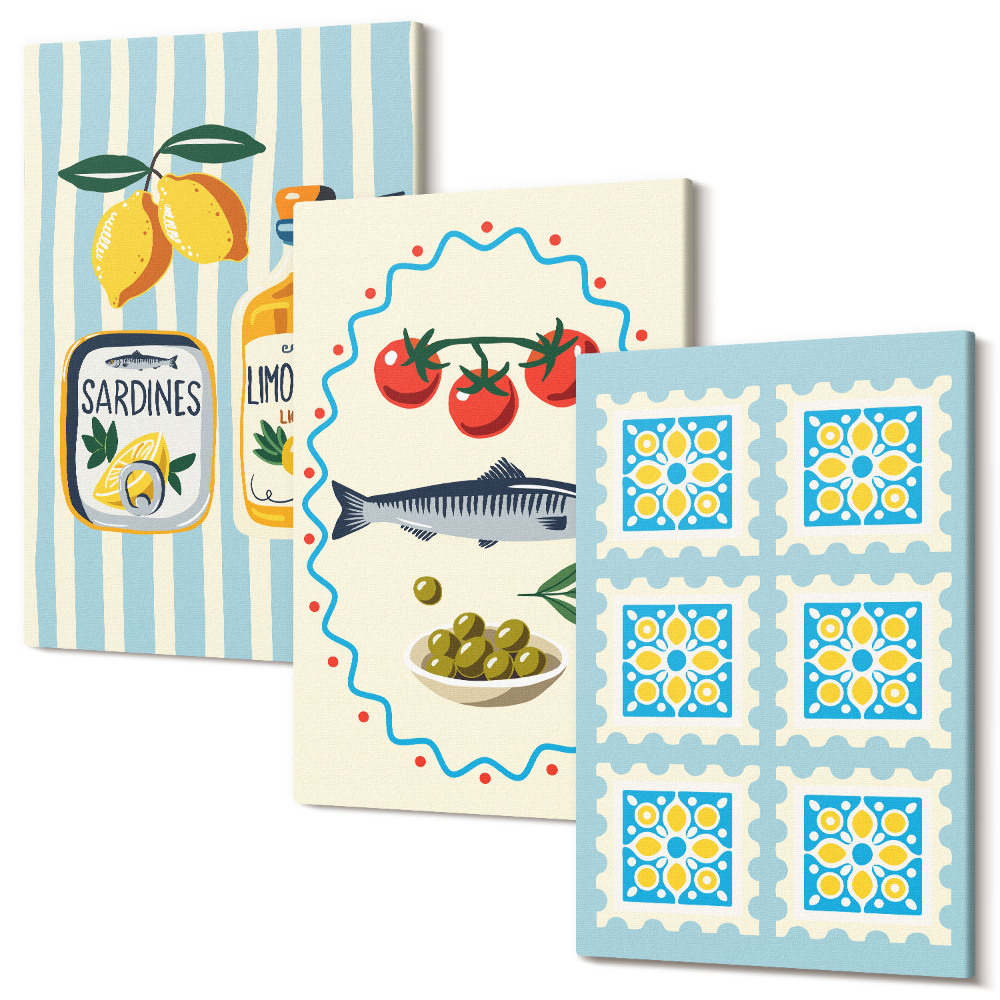 Sada obrazů triptych Ilustrace kuchyně ve středomořském stylu