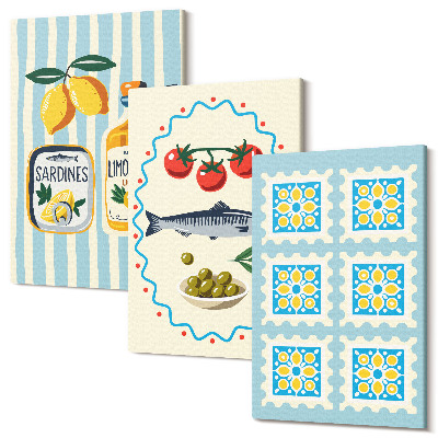 Sada obrazů triptych Ilustrace kuchyně ve středomořském stylu