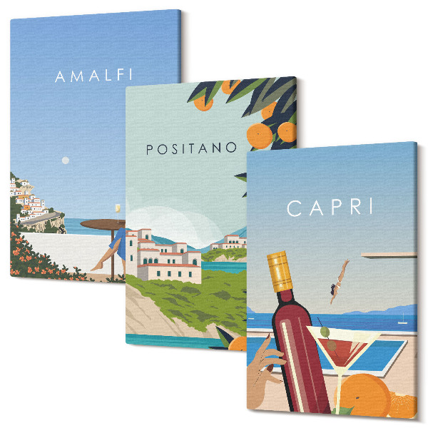 Sada obrazů triptych Prázdninové výhledy na Amalfi, Positano a Capri