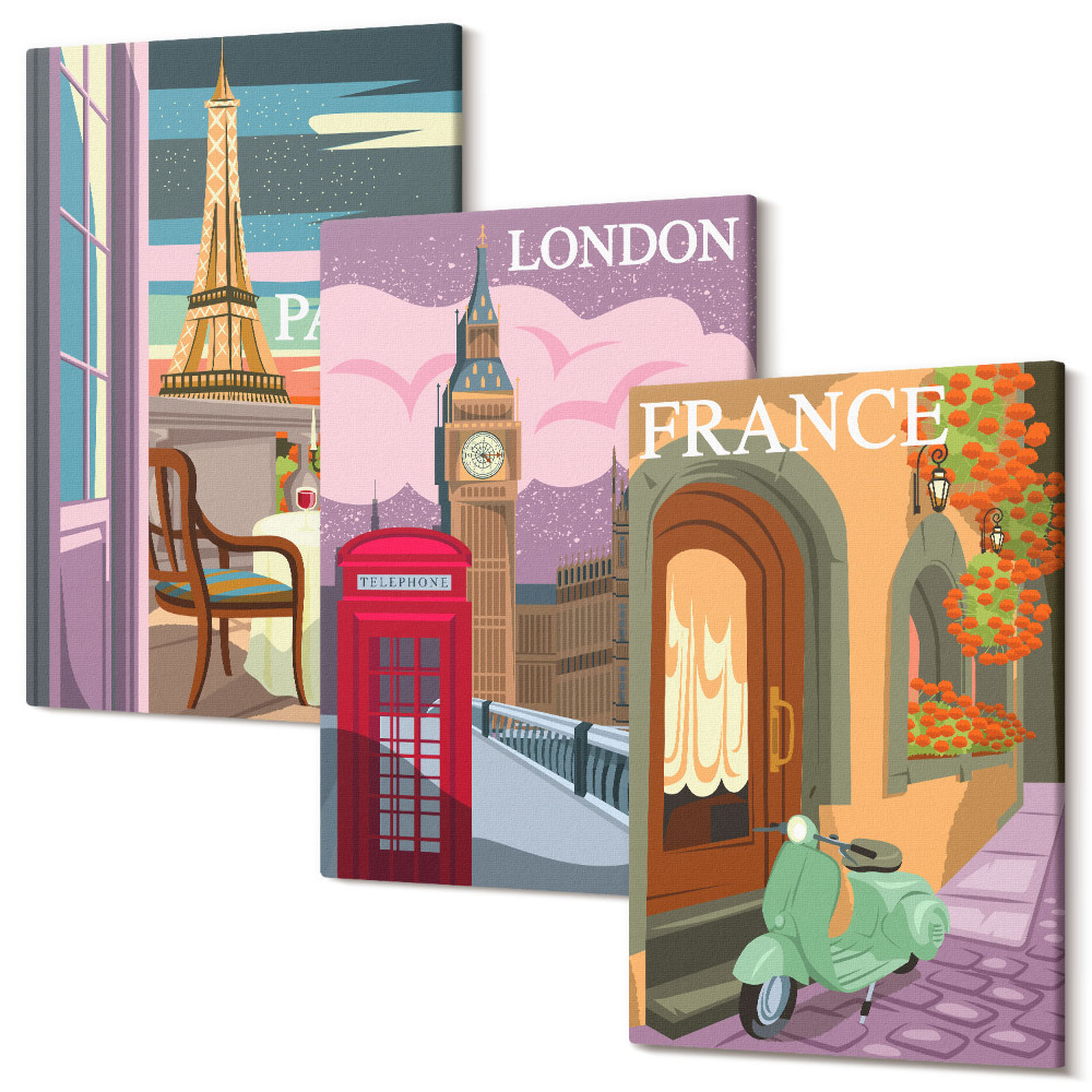 Sada 3 obrazů Retro panoráma města Paříže, Londýna a Francie