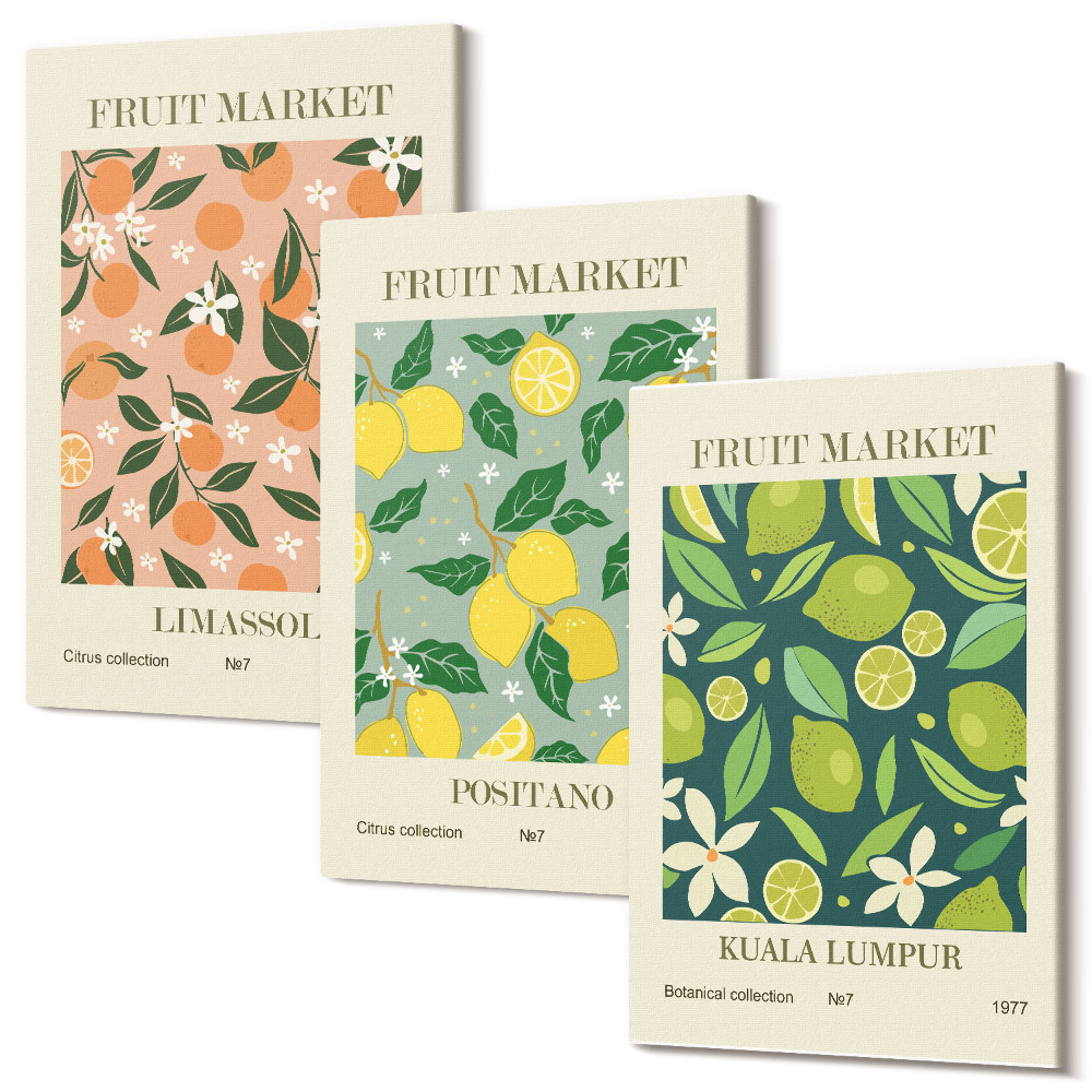 Sada obrazů na zeď triptych Ovocné vzory s citrusovými plody a vintage květinami