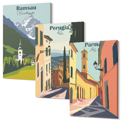 Sada 3 obrazů Horské krajiny a ulice italských měst
