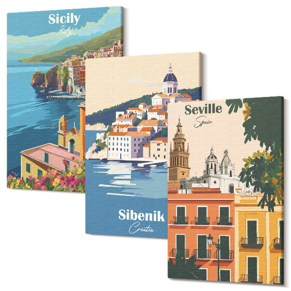 Sada obrazů triptych Krajiny evropských měst s barevnými budovami