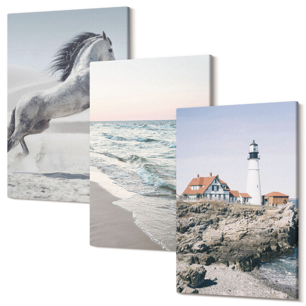 Sada obrazů na zeď triptych Koně v pohybu pláž a maják vodní vlny