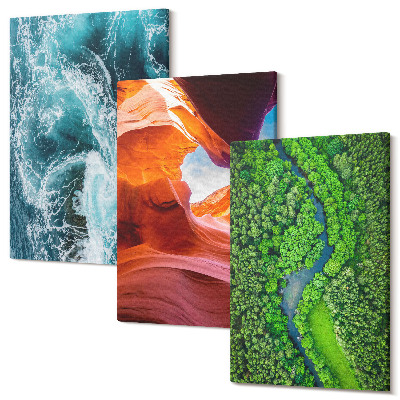 Sada 3 obrazů Voda v pohybu kaňonu a zelené lesní přírody