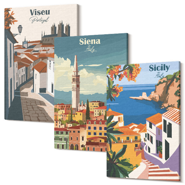 Sada obrazů triptych Retro ilustrace slavných měst po celém světě