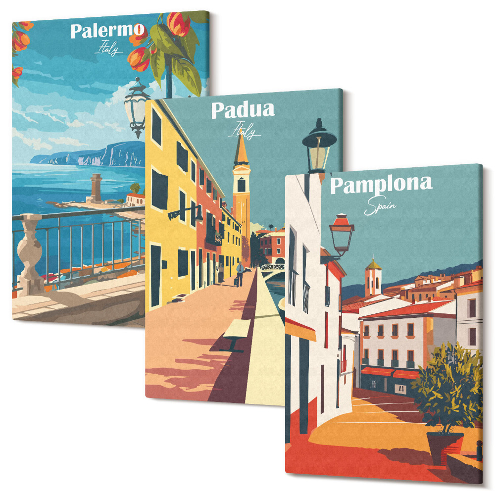 Sada obrazů na zeď triptych Oblíbená města v retro názorném stylu