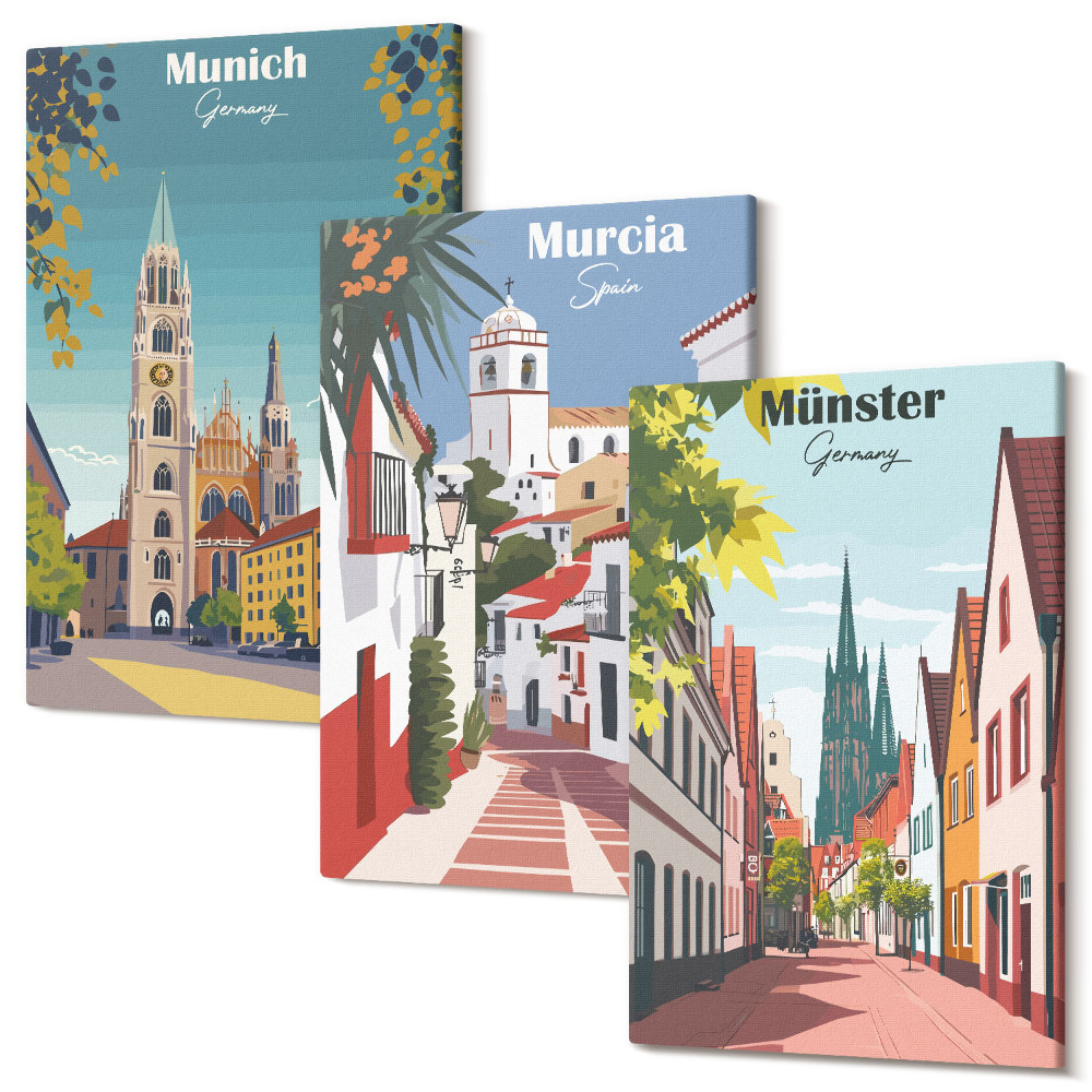 Sada 3 obrazů Evropská města v barevných ilustracích