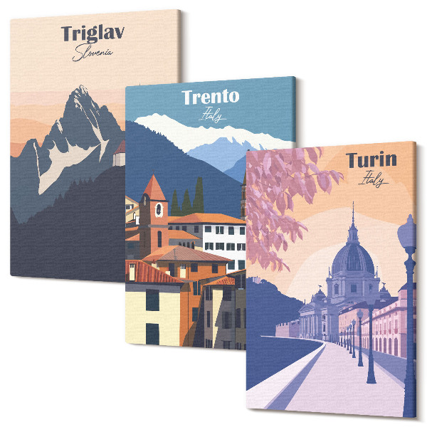 Sada obrazů na zeď triptych Hory a retro architektura barevné ilustrace