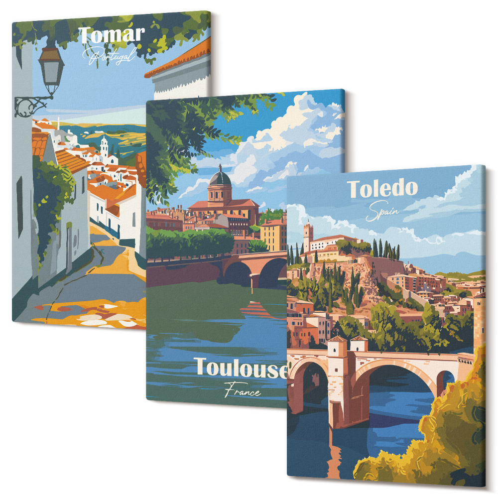 Sada 3 obrazů Grafika slavných měst v retro stylu