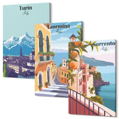 Sada 3 obrazů Barevné, ilustrativní městské panorámy v retro stylu