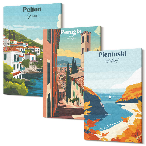 Sada obrazů triptych Malebné krajiny v retro stylu
