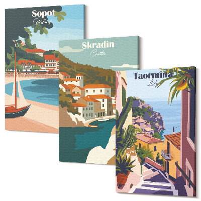 Sada obrazů na zeď triptych Stylové ilustrace s výhledem na moře