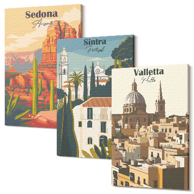 Sada 3 obrazů Retro panoráma města Sedona Sintra Valletta